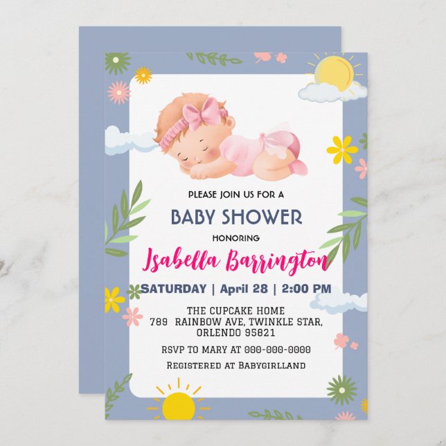 Pink Cute Baby Girl summer flowers baby shower kid Invitation (Front/Back)