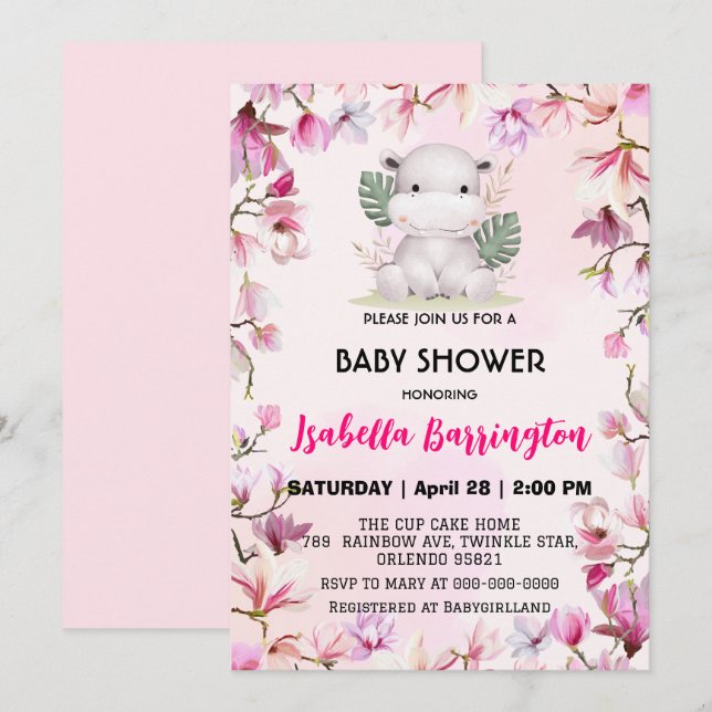 Pink Cute baby hippo flower floral baby shower kid Invitation (Front/Back)