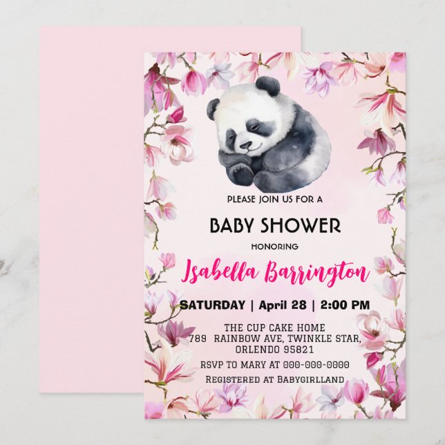 Pink Cute baby Panda flowers baby shower kids Invitation (Front/Back)