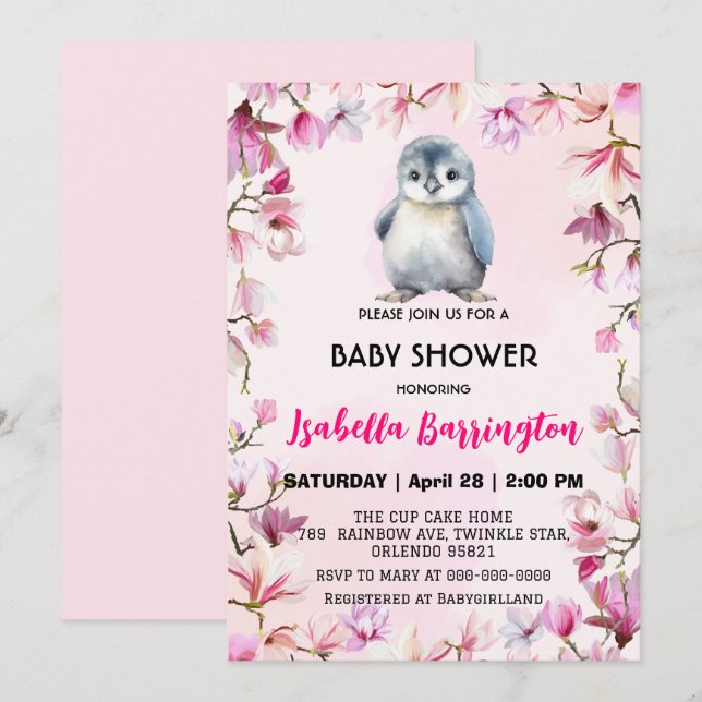Pink Cute baby penguin flowers baby shower kids Invitation (Front/Back)