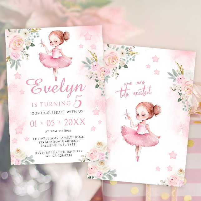 Pink cute ballerina birthday girl invitation (Creator Uploaded)