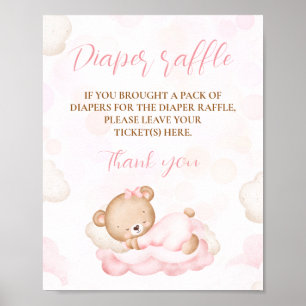 Pink Cute Bear Baby Shower Diaper Raffle Sign