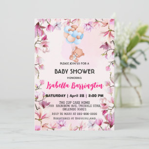Pink Cute bear balloon flowers baby shower kids Invitation