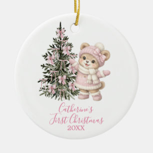 Pink Cute Bear Girl First Christmas Ornament