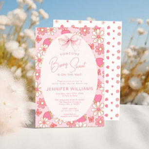 Pink Cute Berry Sweet Strawberry Baby Girl Shower Invitation