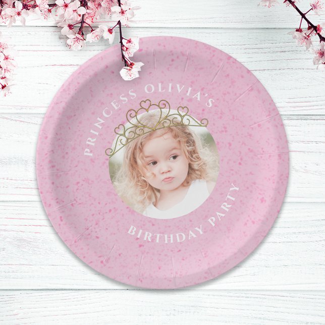 Pink Cute Birthday Photo Princess Tiara Simple Paper Plate (Creator Uploaded)