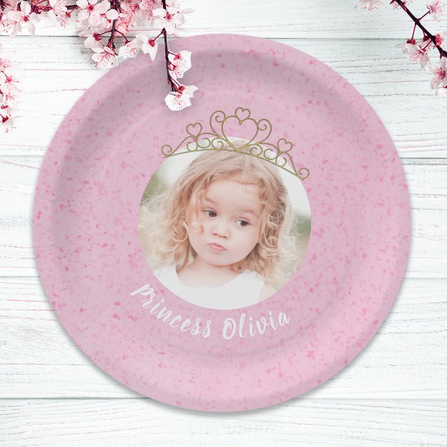 Pink Cute Birthday Photo Princess Tiara Simple Paper Plate (Creator Uploaded)