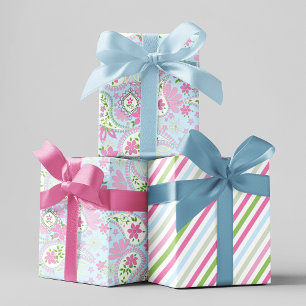 Pink Cute Blue Paisley Print Pattern Wrapping Paper Sheet