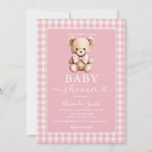Pink Cute Bow Coquette Bear Girl Baby Shower Plaid Invitation