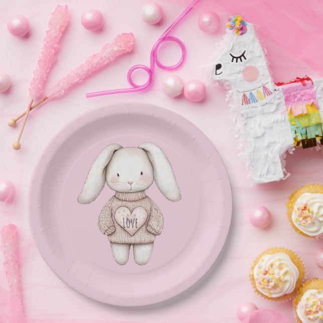 Pink Cute Bunny Pink Sweater Heart Baby Shower Paper Plate (Party)