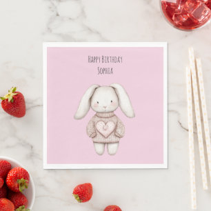 Pink Cute Bunny Pink Sweater Heart Birthday Napkin