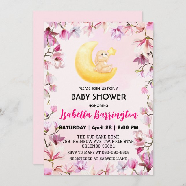 Pink Cute bunny rabbit flowers baby shower kids Invitation (Front/Back)