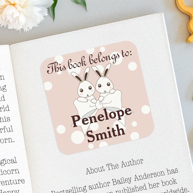 Pink Cute Bunny This Book Belongs To Bookplate Square Sticker (Creator Uploaded)