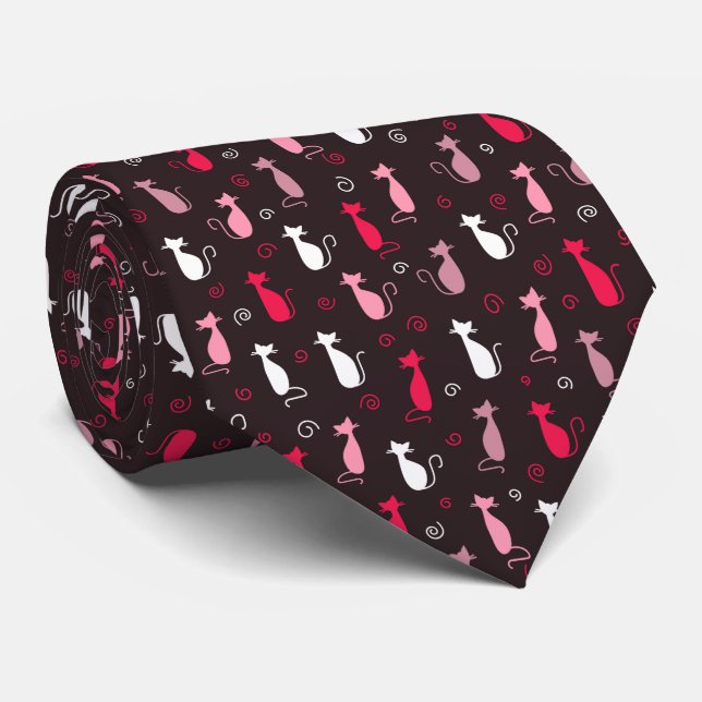 Pink cute cat pattern tie (Rolled)