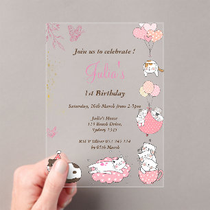 Pink Cute cats 1st birthday  Acrylic Invitations