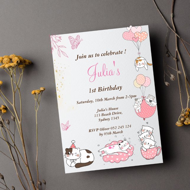 Pink Cute cats 1st birthday  Invitation (Creator Uploaded)