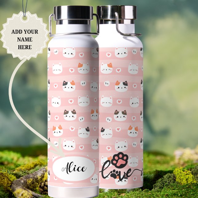 Pink Cute Cats Personalised Kids Water Bottle (Pink Cute Cats Personalized Name Design Water Bottle)