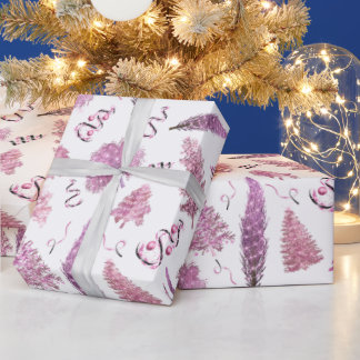 Pink Cute Christmas Chic Trees Wrapping Paper