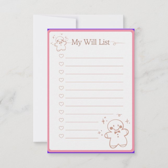 Pink Cute Christmas Wish List A4 Document Thank You Card (Front)
