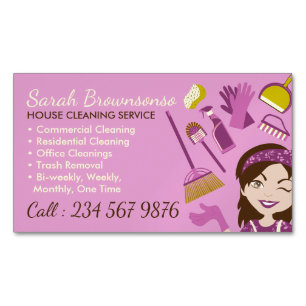Pink Cute Cleaning Service Janitorial Lady design Magnetic Business Card