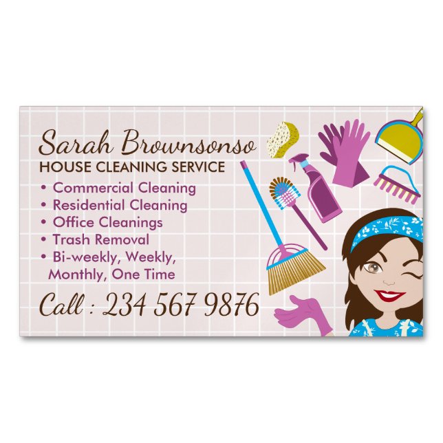 Pink Cute Cleaning Service Janitorial Lady Magnetic Business Card (Front)