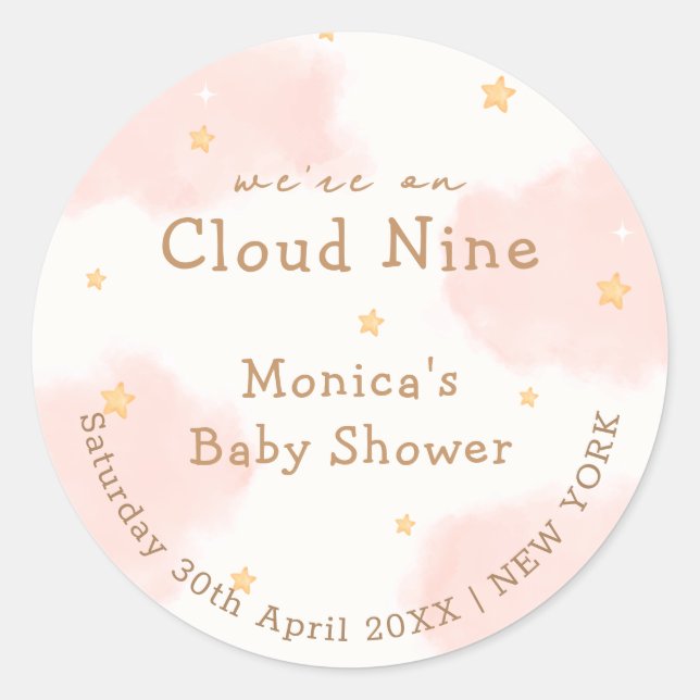 Pink Cute Cloud Nine Girl Baby Shower  Classic Round Sticker (Front)