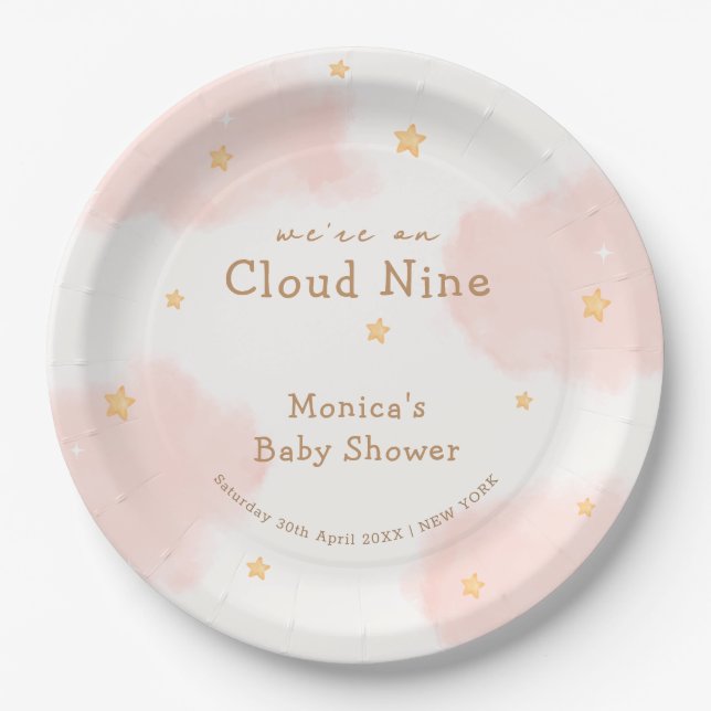 Pink Cute Cloud Nine Girl Baby Shower  Paper Plate (Front)