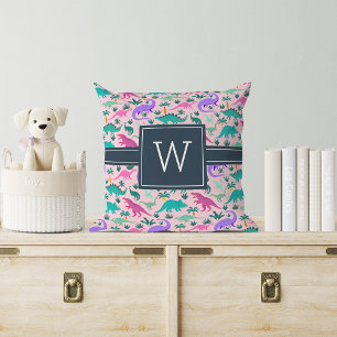 Pink   Cute Colorful Dinosaur Pattern Kid Monogram Cushion