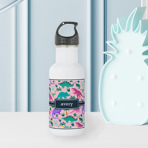 Pink Cute Colorful Dinosaur Pattern Kids Name 532 Ml Water Bottle