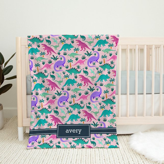 Pink | Cute Colorful Dinosaur Pattern Kids Name Fleece Blanket (Creator Uploaded)