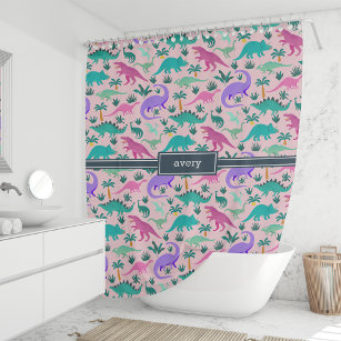 Pink   Cute Colorful Dinosaur Pattern Kids Name Shower Curtain