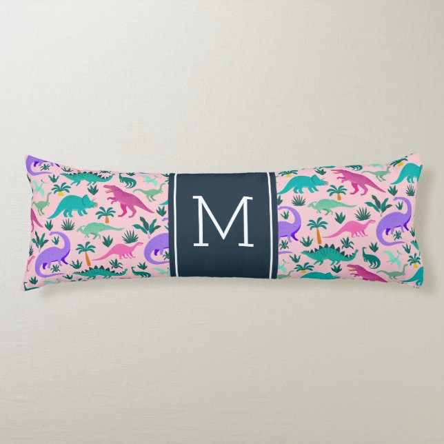 Pink | Cute Colourful Dinosaur Pattern Kid Monogra Body Cushion (Front)