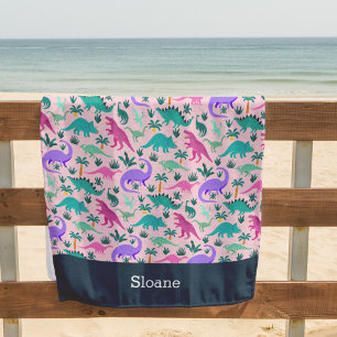 Pink   Cute Colourful Dinosaur Pattern Kids Name Beach Towel