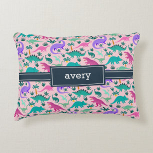 Pink   Cute Colourful Dinosaur Pattern Kids Name Decorative Cushion