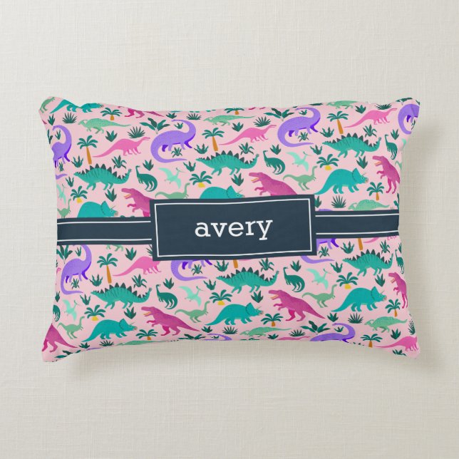Pink | Cute Colourful Dinosaur Pattern Kids Name Decorative Cushion (Front)