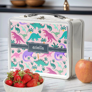 Pink Cute Colourful Dinosaur Pattern Kids Name Metal Lunch Box