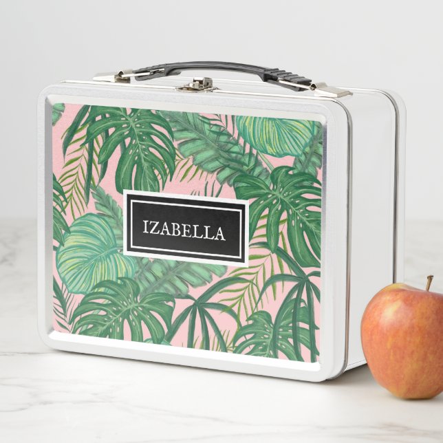 Pink Cute Colourful Tropical Palm Tree Kids Name Metal Lunch Box (In Situ)