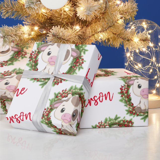 Pink Cute Cow Christmas wreath personalised name  Wrapping Paper (Holidays)