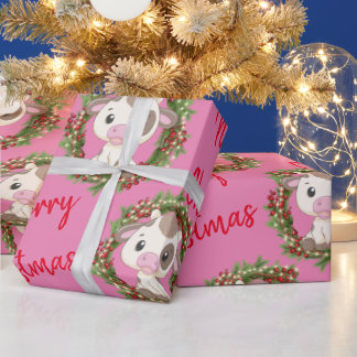 Pink Cute Cow Christmas wreath Wrapping Paper