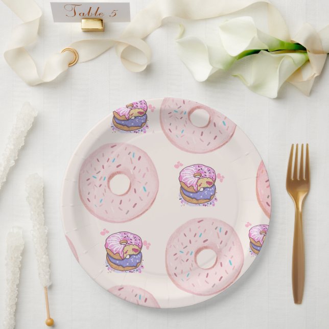 Pink Cute desert sweet doughnuts illustration patt Paper Plate (Wedding)