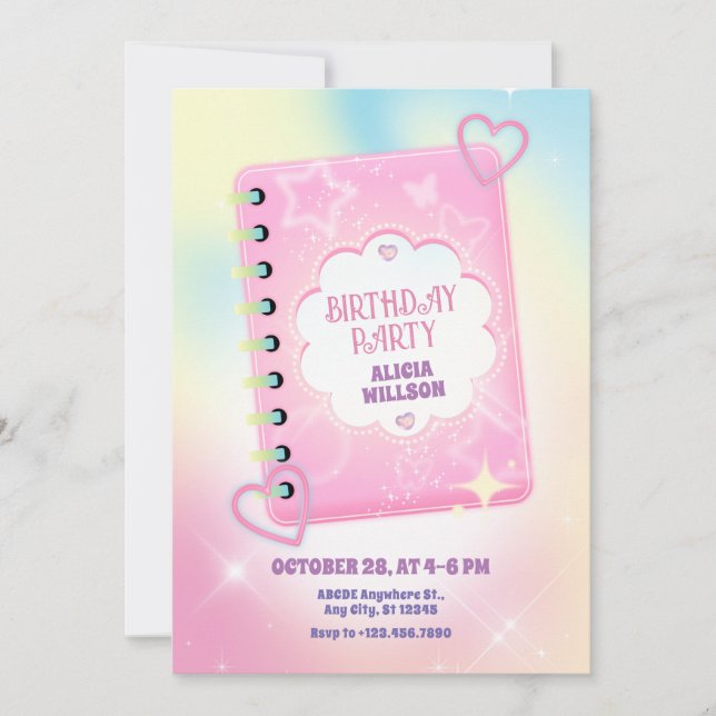 Pink cute diary birthday  invitation (Front)