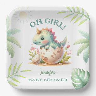 Pink Cute Dino Girl Dinosaur Baby Shower Paper Plate
