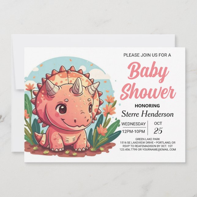 Pink Cute Dinosaur Girl Baby Shower Invitation (Front)