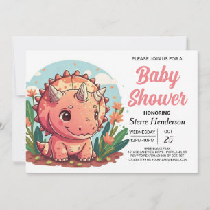 Pink Cute Dinosaur Girl Baby Shower Invitation