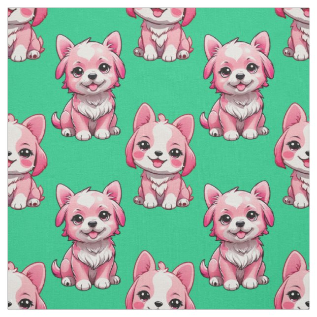 Pink Cute Dogs - Green  Fabric (Swatch)