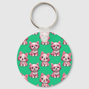 Pink Cute Dogs - Green Key Ring