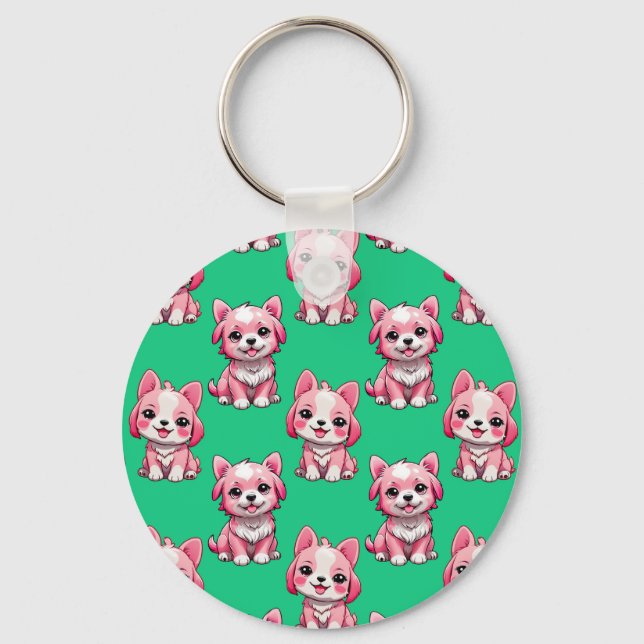 Pink Cute Dogs - Green  Key Ring (Front)