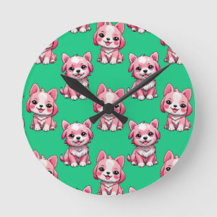 Pink Cute Dogs - Green Round Clock
