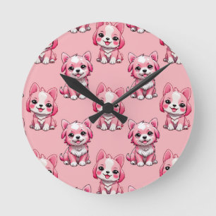 Pink Cute Dogs Round Clock