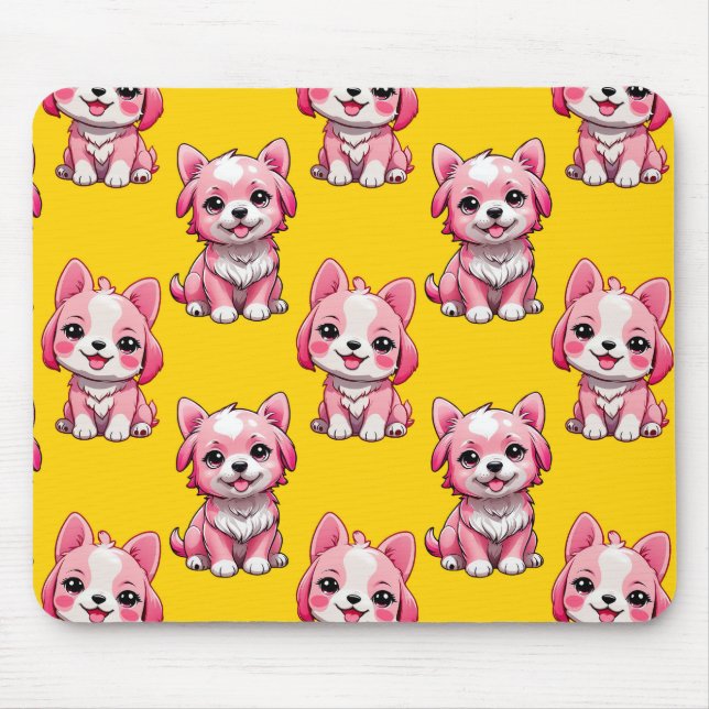 Pink Cute Dogs - Yellow  Mouse Mat (Front)